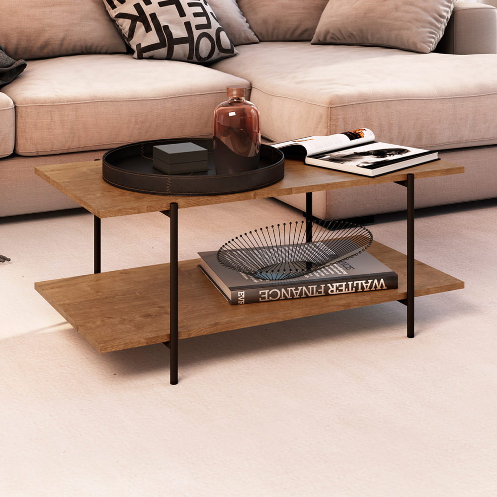27870 Henriqueta-Coffee Table-1 Industrial style coffee table with 1 shelf made from wood and black steel legs