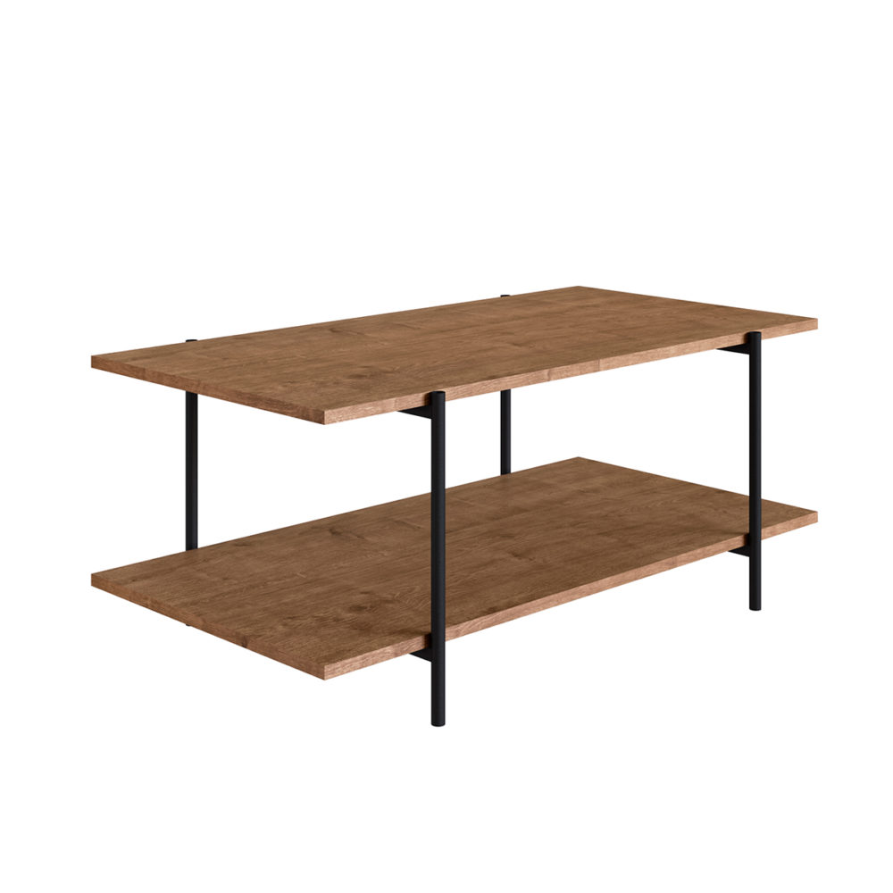 27870 Jack Coffee Table-2 Industrial style coffee table with 1 shelf made from wood and black steel legs