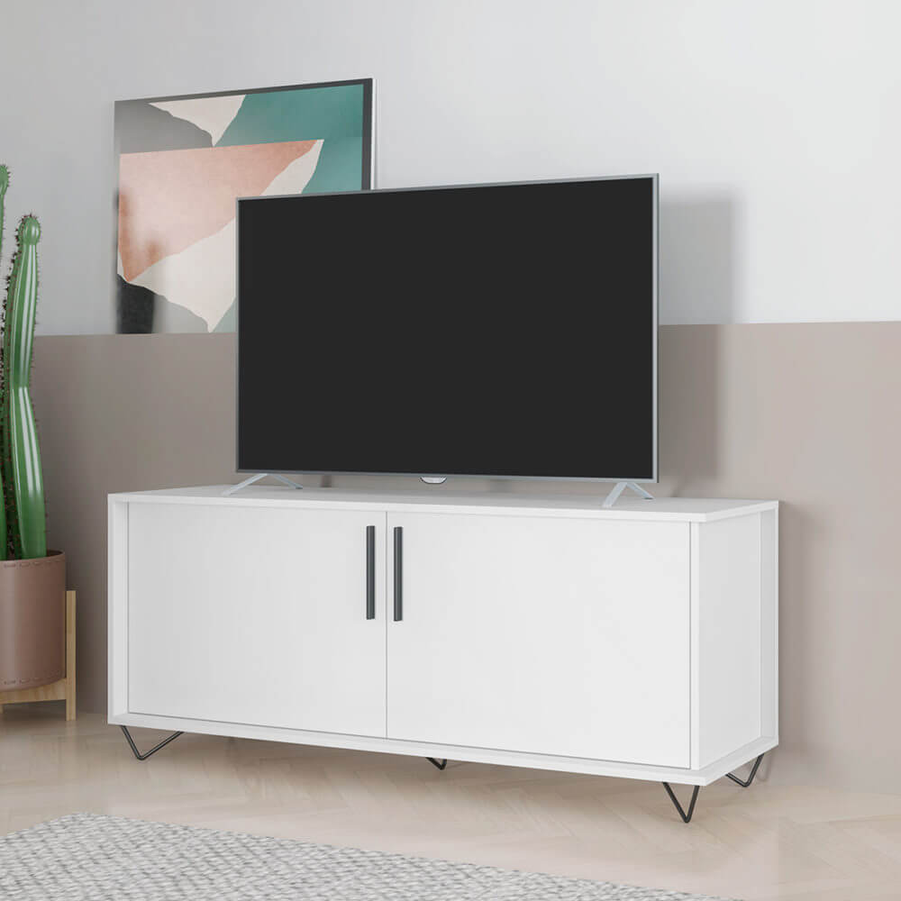 BLC-41-06_Manuela-TV-Stand-White-04 Modern White TV Stand made from MDP wood and black steel modern legs and handles