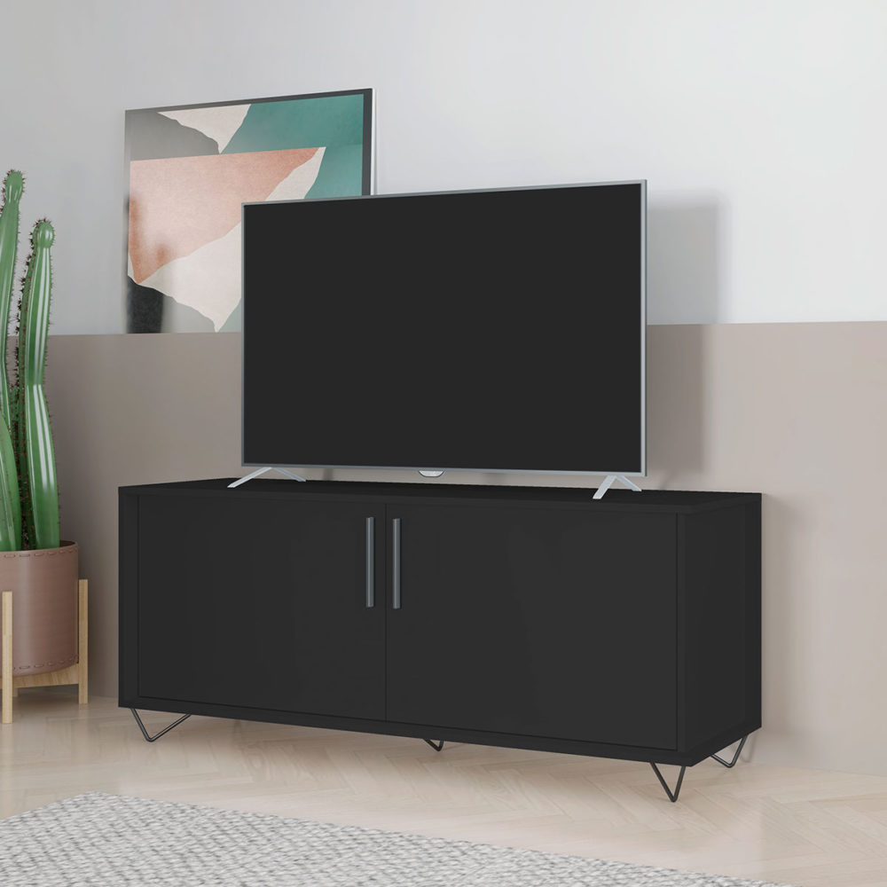 BLC-41-184-(1) Modern Black TV Stand made from MDP wood and black steel modern legs