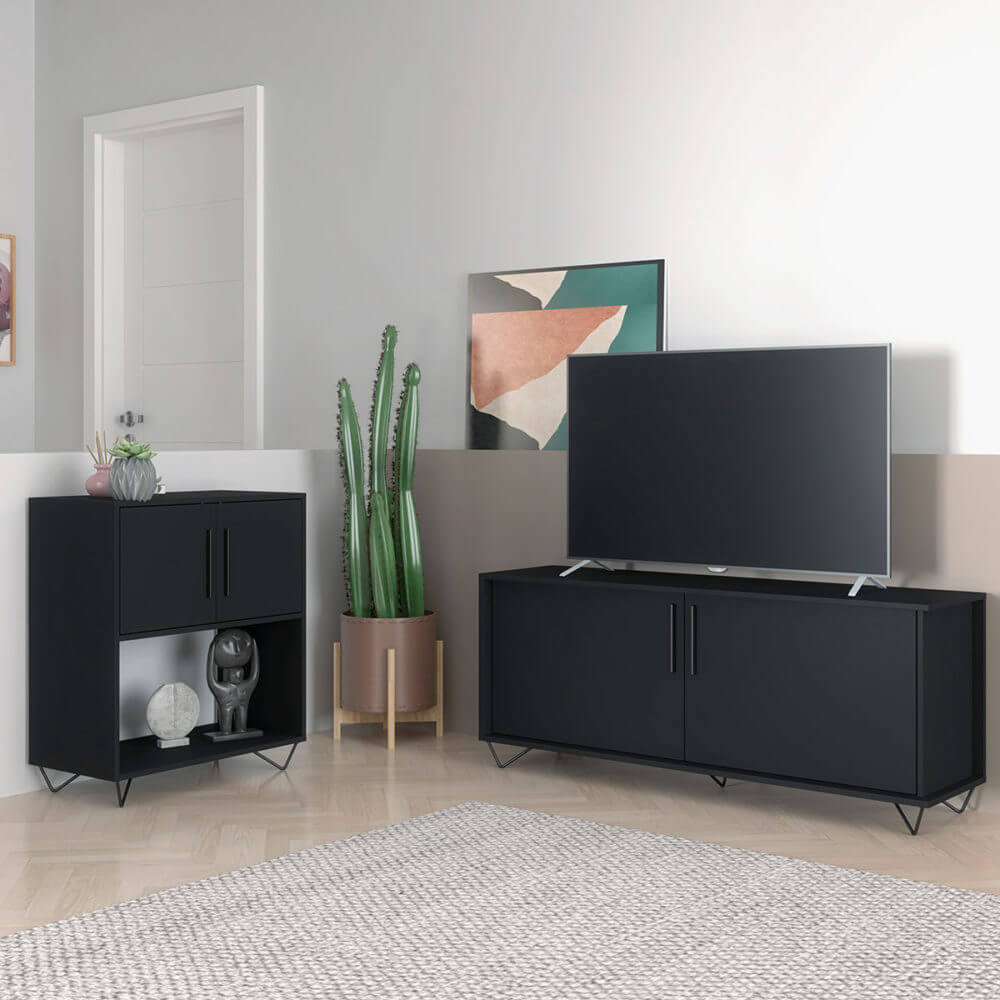 BLC-41-184-(5) Modern Black TV Stand and Cabinet made from MDP wood and black steel modern legs