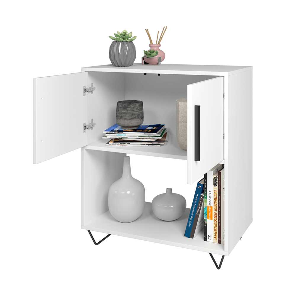 BLC 50-06 - 1 Modern White Cabinet with intern storage made from MDP wood and black steel modern legs and handles