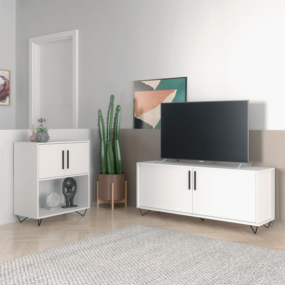 BLC 50-06 - 3 Modern White TV Stand and Cabinet made from MDP wood and black steel modern legs