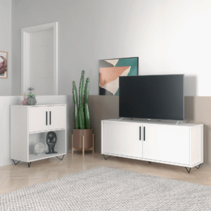 Modern White TV Stand and Cabinet made from MDP wood and black steel modern legs
