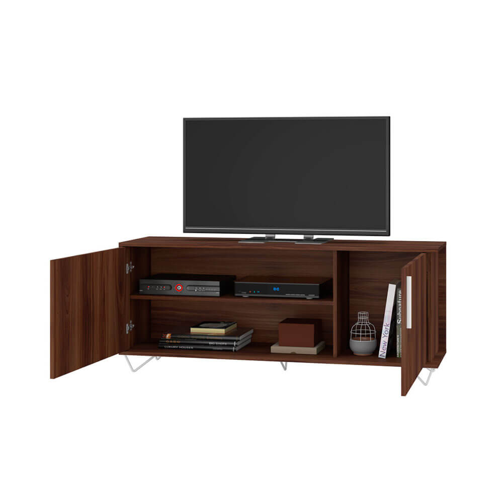 BLC41-232_Manuela-TV-Stand-Brown-02 Modern Brown TV Stand with intern storage made from MDP wood and silvery steel modern legs and handles