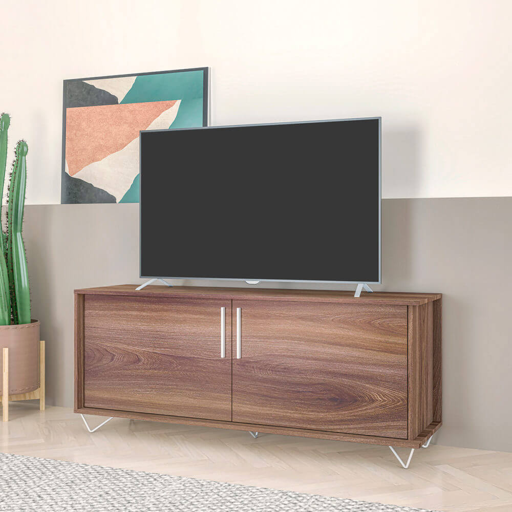 BLC41-232_Manuela-TV-Stand-Brown-04 Modern Brown TV Stand made from MDP wood and silvery steel modern legs and handles