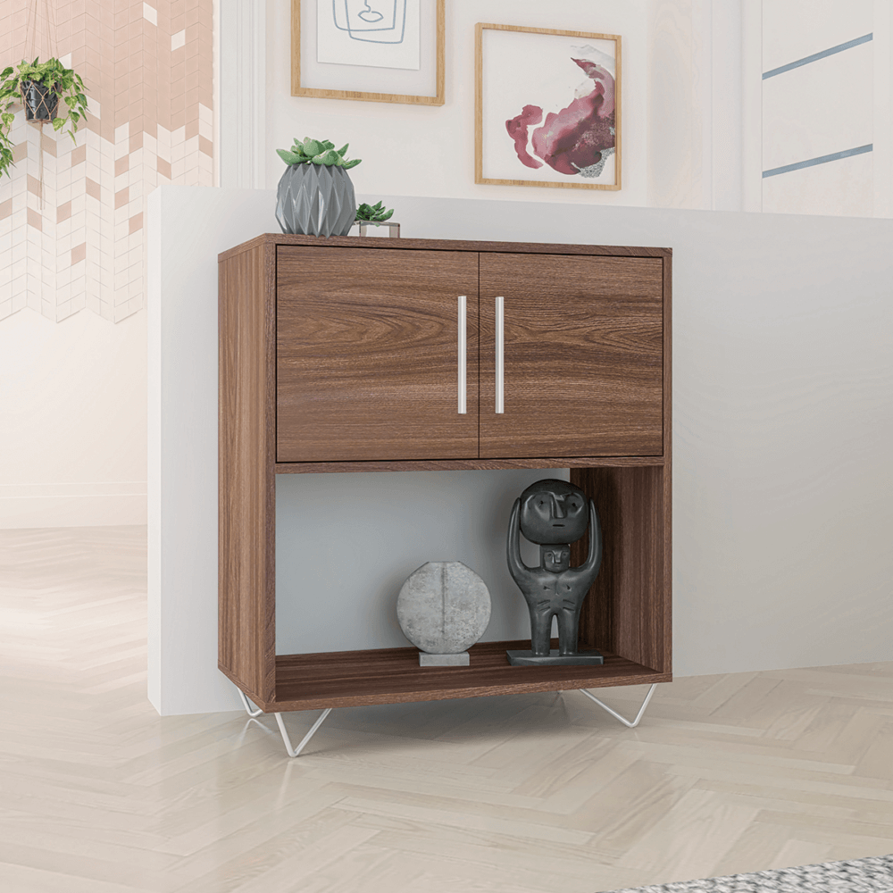 BLC50-232 - Leopoldo Cabinet - Brown - 1 Modern Brown Cabinet made of MDP wood and silvery steel modern legs and handles