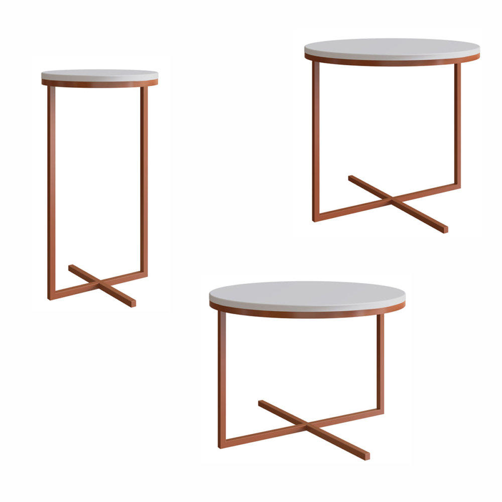 24821 sabina-table-set (2) Modern white 3 table set with steel coppery legs forming an X
