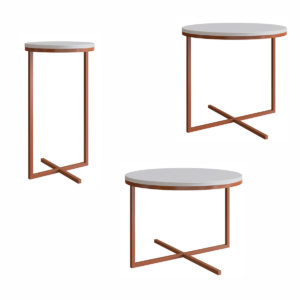 Modern white 3 table set with steel coppery legs forming an X