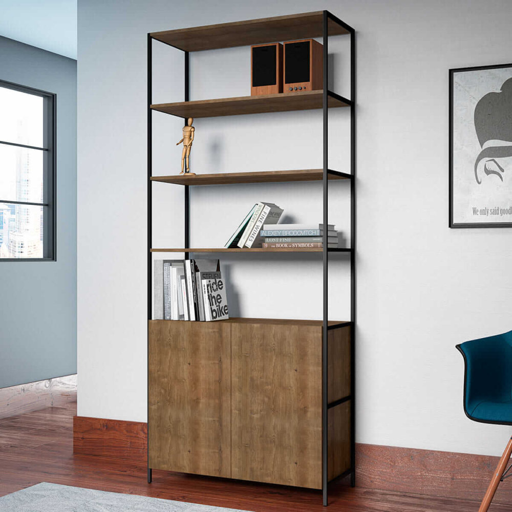 Industrial bookcase made of MDP Wood and black steel frame with 4 shelves and 1 closed storage area
