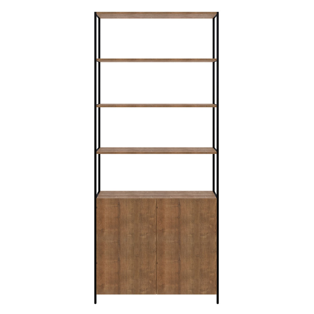 Industrial bookcase made of MDP Wood and black steel frame with 4 shelves and 1 closed storage area - front view