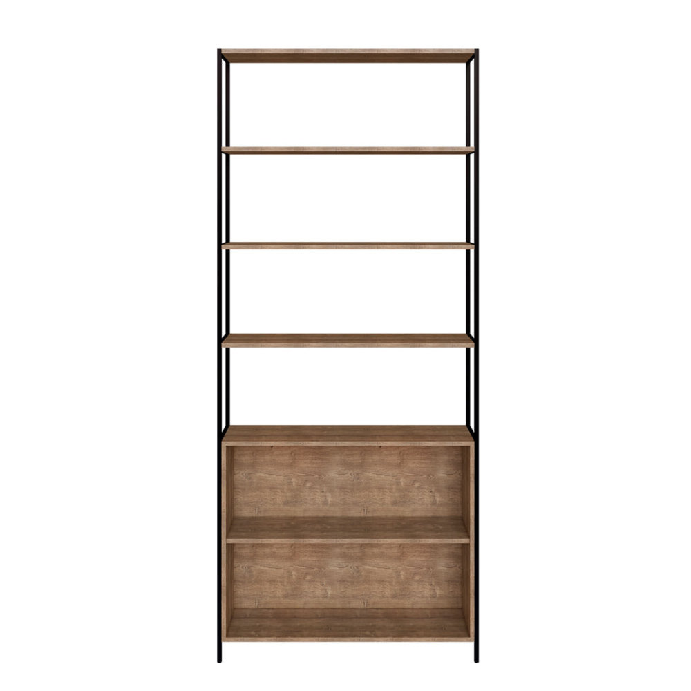 Industrial bookcase made of MDP Wood and black steel frame with 4 shelves and 1 closed storage area