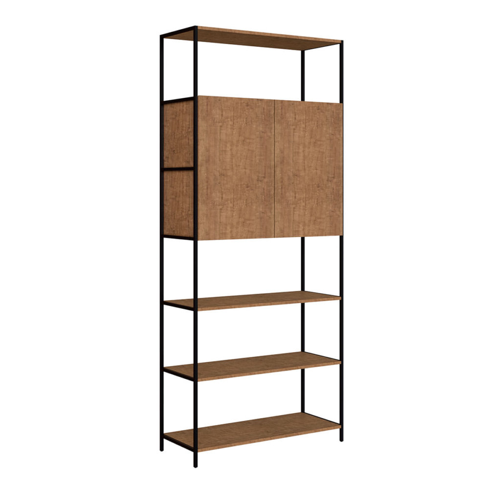 Industrial bookcase made of MDP Wood and black steel frame with 4 shelves and 1 closed storage area