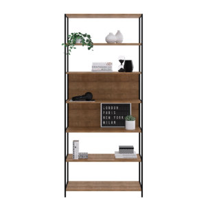 Large Industrial bookcase made of MDP Wood and black steel frame with 6 shelves