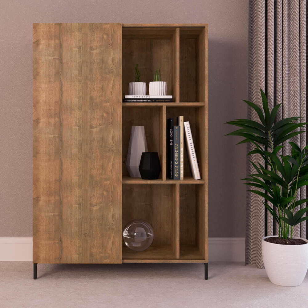 27810_Diego Cabinet_01 Large Cabinet or Bookcase Made of MDP Wood and black steel legs with non-symmetrical divisions and slide door