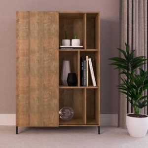 Large Cabinet or Bookcase Made of MDP Wood and black steel legs with non-symmetrical divisions and slide door