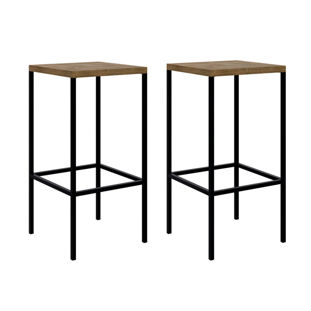 2 squared high industrial style bar stools. Made of MDP Wood and black steel legs