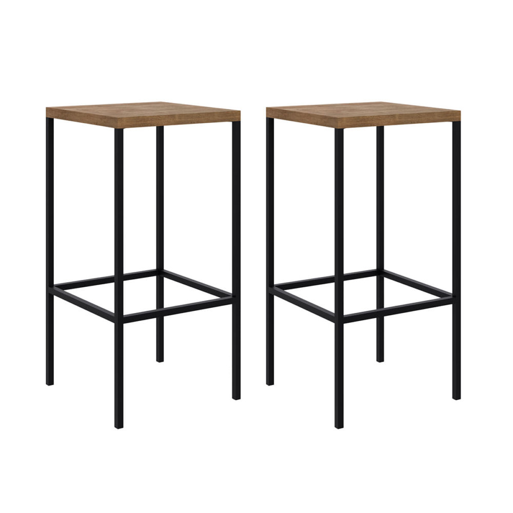 2 squared high industrial style bar stools. Made of MDP Wood and black steel legs