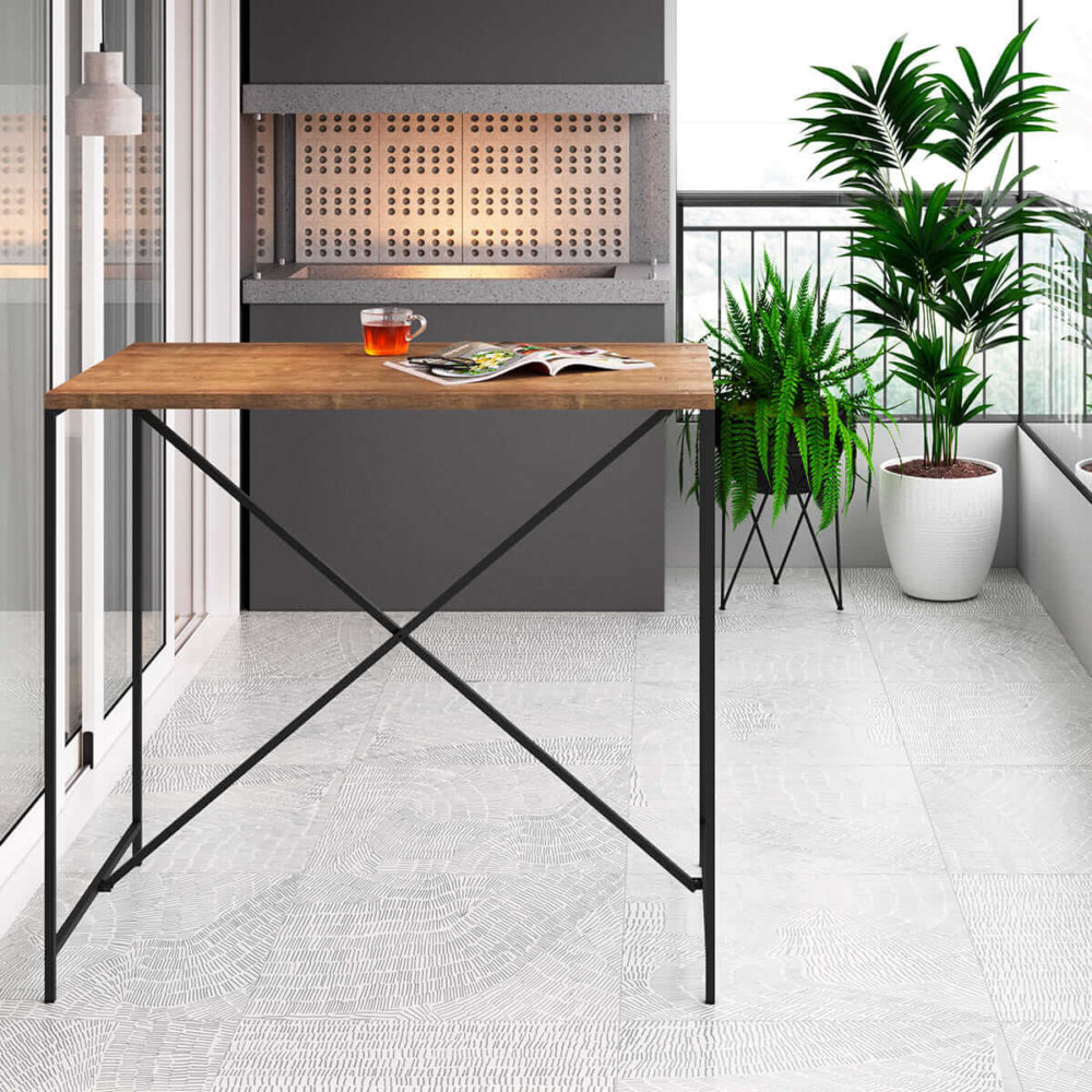 Counter Height Industrial Table. MDP wood and black steel legs in a balcony
