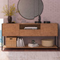 27850 Heitor_Buffet-1 Industrial Style long Buffet with 2 closed storage spaces, 2 shelves and 1 drawer. Made of wood and black steel legs