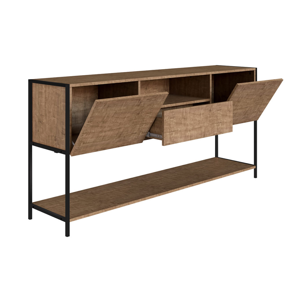 27850 Heitor_Buffet-3 Industrial Style long Buffet with 2 closed storage spaces, 2 shelves and 1 drawer. Made of wood and black steel legs