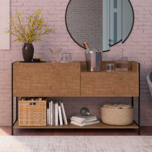 Industrial Style Buffet with 1 closed storage spaces and 1 drawer. Made of wood and black steel legs