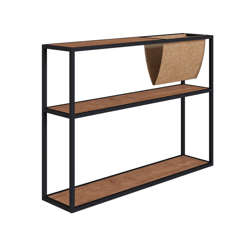 Industrial style end table with 2 shelves and 1 magazine rack. Made of wood and black steel frame