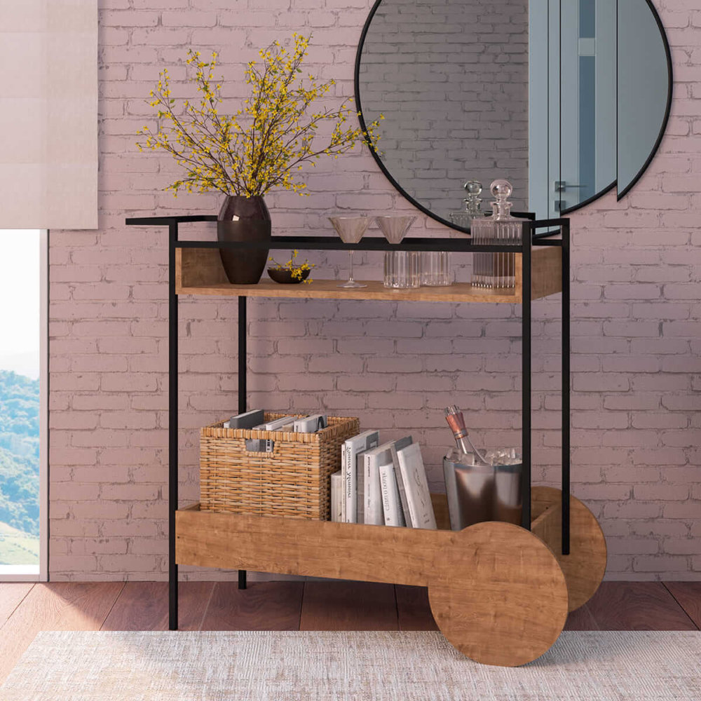 27853 Rogerio_Bar_Cart-1 Industrial Style Bar Cart with 2 shelves. Made of wood and black steel frame. 2 big decorative wood wheels