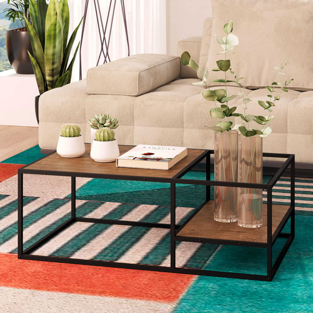 Industrial Style Coffee table with different heights. Made of wood and black steel frame