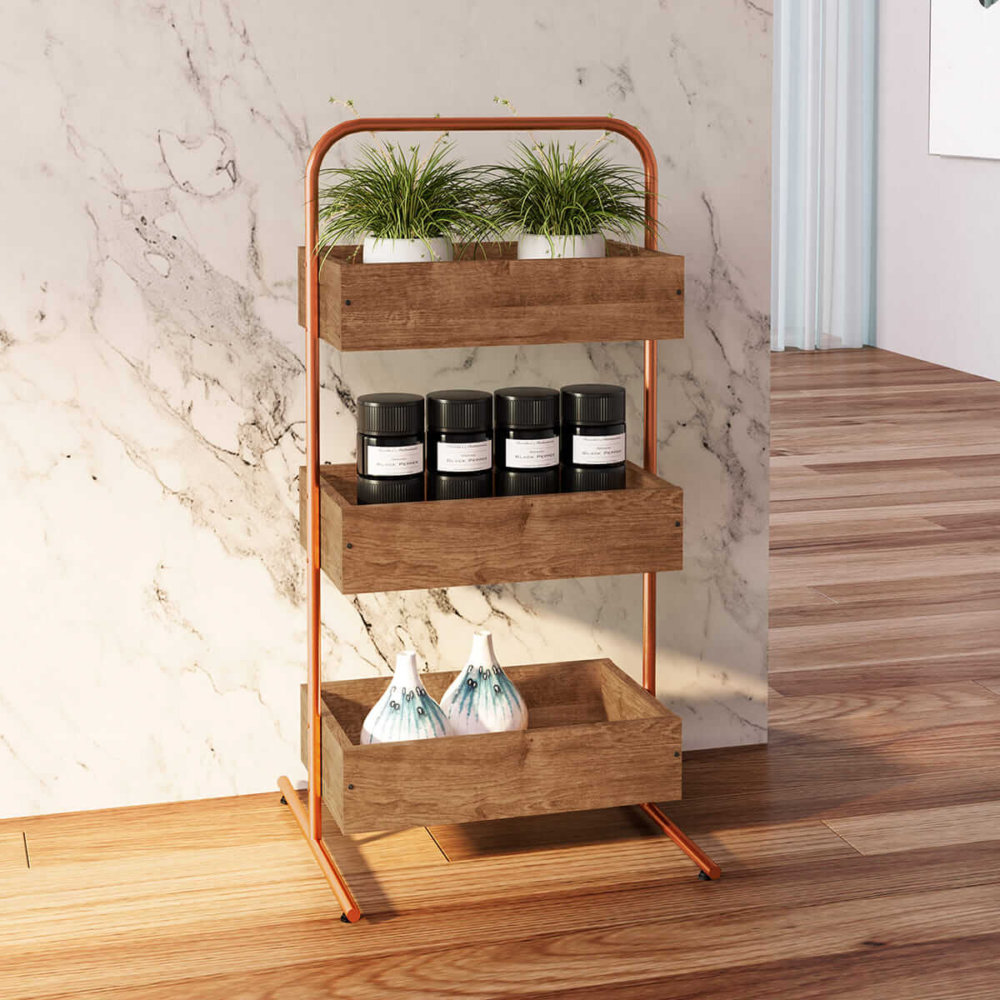 27865 Rio Organizer-1 Industrial style organizer with 3 boxes. Made of wood and coppery color pipe steel frame