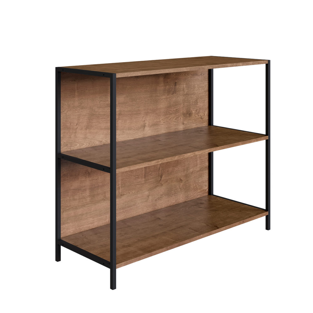 Low industrial style bookcase with 2 shelves made from wood and black steel frame