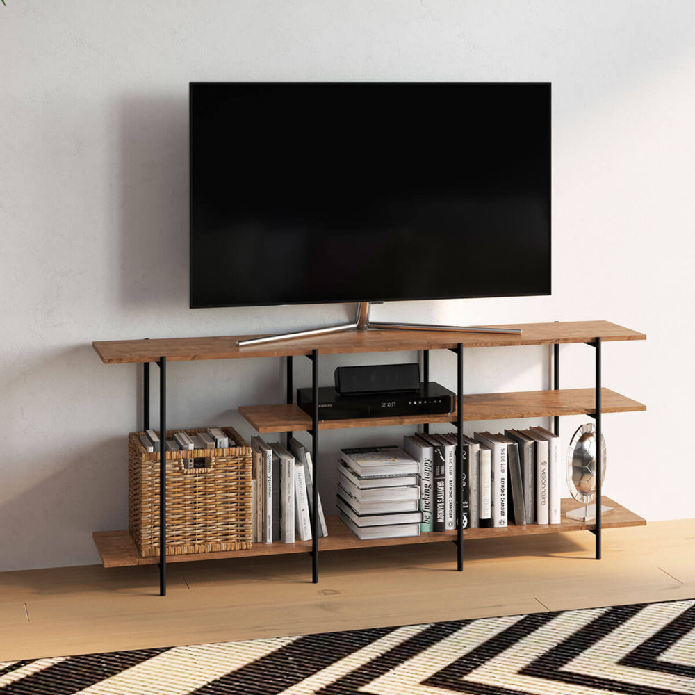 Industrial style console or TV Stand with 2 shelves made from wood and black steel legs