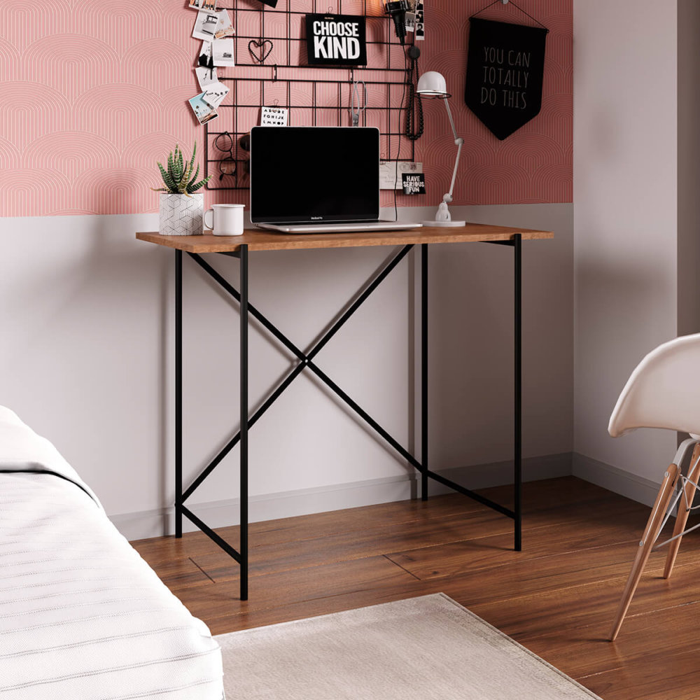 27873 Eloi Desk-1 Small Industrial style simple desk made from wood and black steel legs