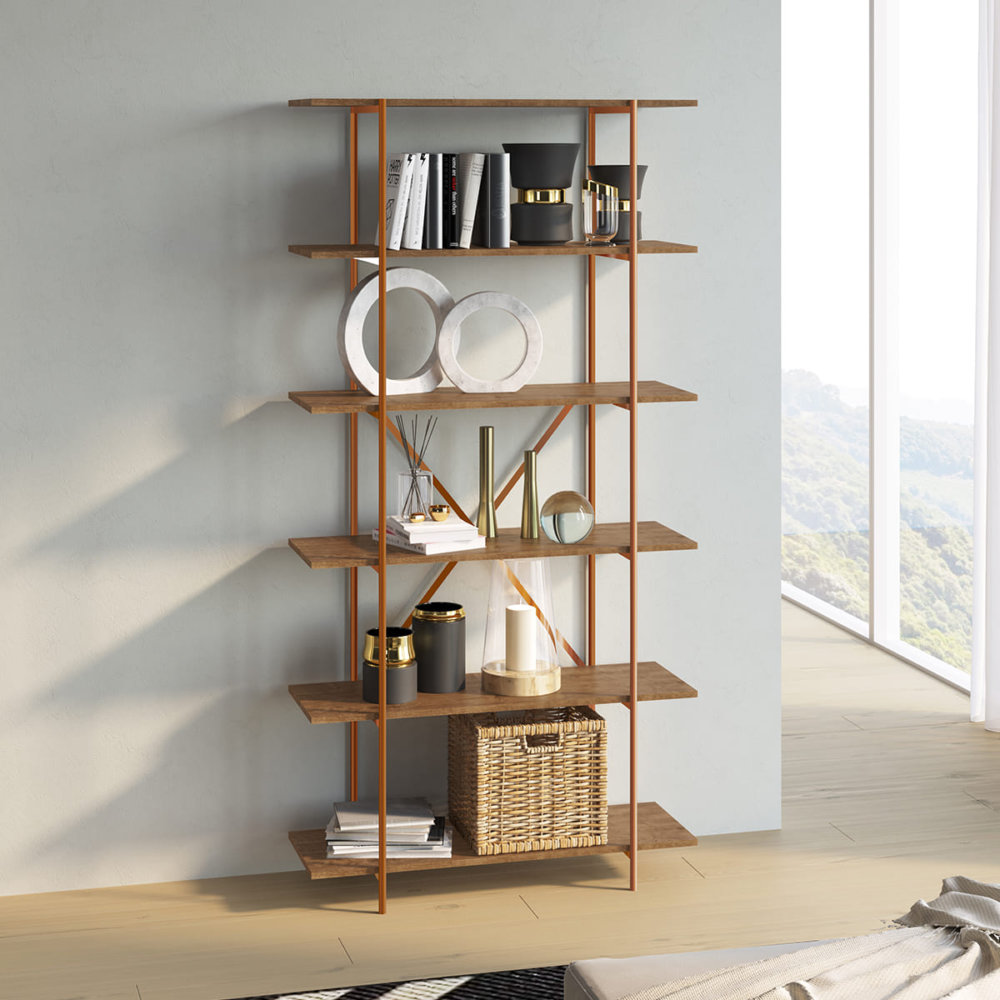 27875 Camilo Bookcase-1 Large industrial bookcase or kitchen shelves with 5 shelves made from wood and coppery steel frame