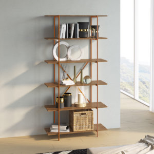 Large industrial bookcase or kitchen shelves with 5 shelves made from wood and coppery steel frame