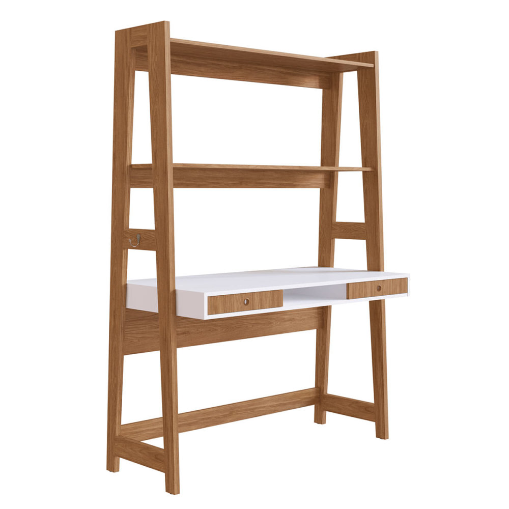 Flavia Desk_2 Modern White and Brown Wood Ladder Desk with shelves and 2 drawers open